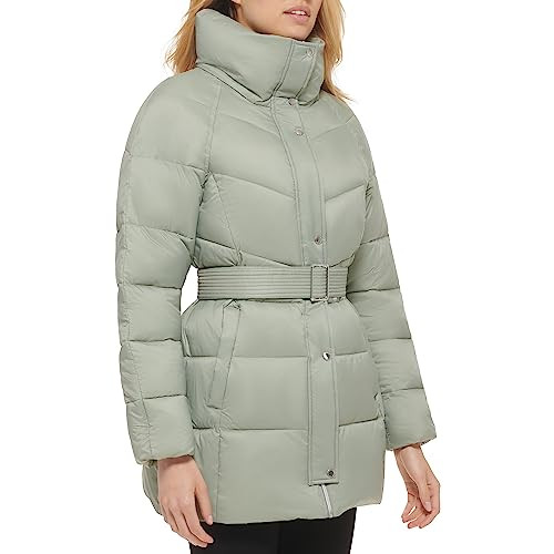 COLE HAAN WOMEN'S BELTED PILLOW-COLLAR PUFFER COAT - SIZE: WOMEN L - SAGE