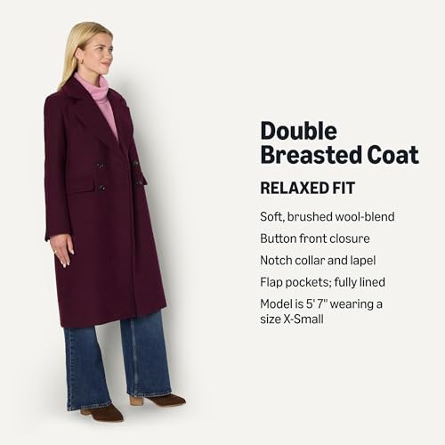 AMAZON ESSENTIALS WOMEN'S RELAXED-FIT DOUBLE-BREASTED WOOL-BLEND COAT - BURGUNDY New