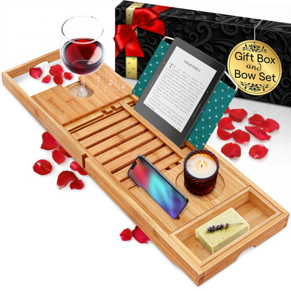 SERENELIFE PREMIUM BATHTUB TRAY CADDY WITH GIFT BOX AND BOW SET - BROWN New
