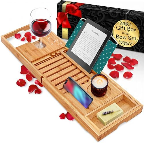 SERENELIFE PREMIUM BATHTUB TRAY CADDY WITH GIFT BOX AND BOW SET - BROWN New