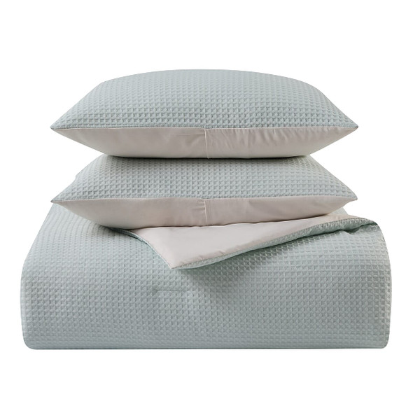 KATHY IRELAND 3-PIECE WAFFLE DOWN ALTERNATIVE COMFORTER SET, QUEEN - LIGHT BLUE New