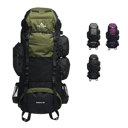 TETON 65L EXPLORER FRAME BACKPACK FOR HIKING, CAMPING, 2106SCOL - OLIVE New