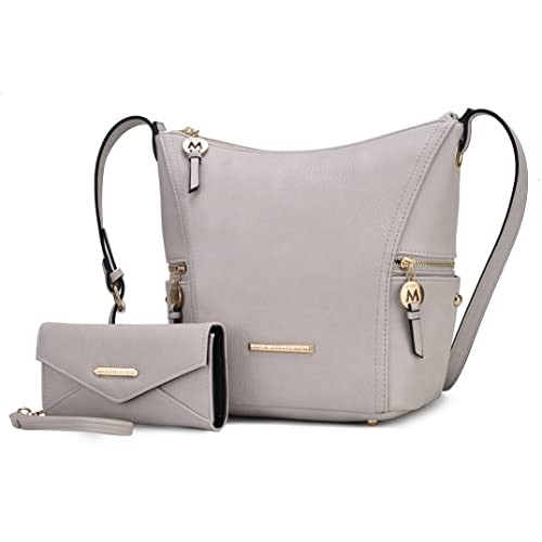 MKF COLLECTION LUX VEGAN LEATHER WOMEN HOBO BAG WALLET BAG 2 PCS - LIGHT GRAY