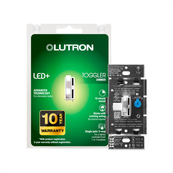 Lutron Toggler LED+ Dimmer Switch, 150 Watt, Single-Pole or 3-Way, TGCL-153PH-WH