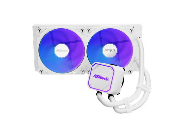 ASRock AIO Pro White 240 ARGB 27mm radiator, ARGB waterblock, ARGB Hub-lighting