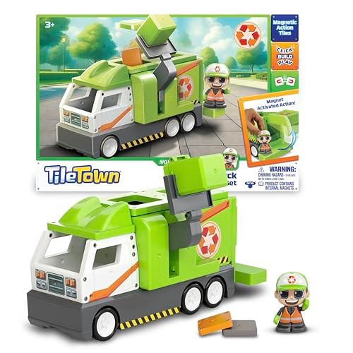 TILE TOWN RECYCLING TRUCK 15-PIECE MAGNETIC TILE PLAYSET, STEM, FV14225 - GREEN New