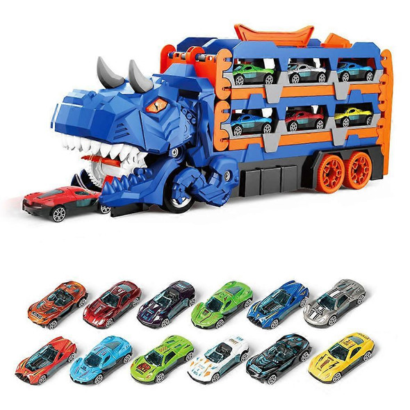 VANVIEM CAR TRUCK TOYS SET DINOSAUR TRANSPORT TRUCK WITH 12PCS CARS BLUE/ORANGE