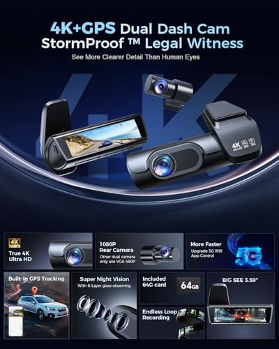 OVAMAN 4K DASH CAM FRONT AND REAR 3.59" IPS SCREEN BUILT-IN GPS 5G WIFI - BLACK