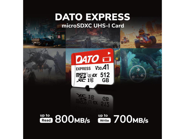 DATO Express 512GB microSDXC NVMe Card, PCIe Gen3 x1, Up to 800/700MB/s, U3 V30