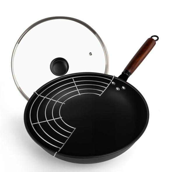 ABANGDUN Carbon Steel Wok Pan, Round Bottom Wok & Stir-Fry Pans, 13.4", Black