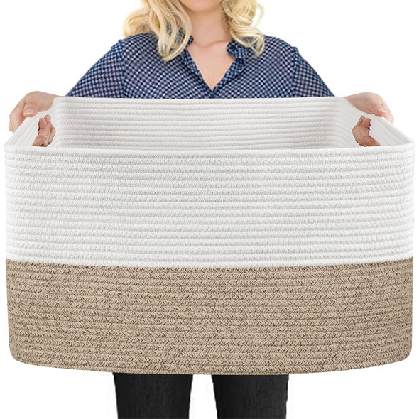 MEGASKET Extra Large Blanket Basket, 22" x 17" x 12" - White Brown New