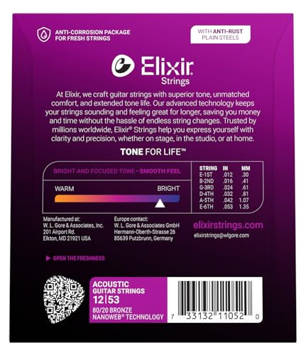 ELIXIR 80/20 BRONZE COATING LIGHT GUITAR STRINGS 11052 - 1 PACK (.012-.053)