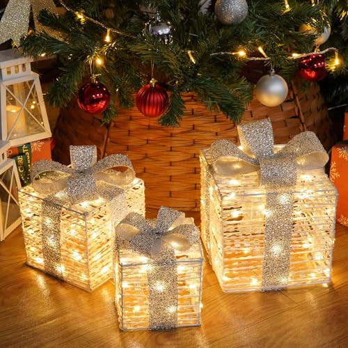 SANHSEHOME SET OF 3 LIGHTED GIFT BOXES, 140 LED LIGHT UP PRESENT, WHITE/SILVER