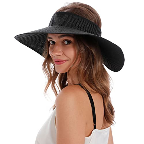 SIMPLICITY WOMEN SUMMER FOLDABLE WIDE BRIM HATS STRAW SUN VISOR HAT - BLACK New