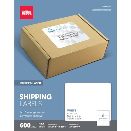 OFFICE DEPOT WHITE INKJET/LASER SHIPPING LABELS,3 1/3" X 4" 600 - WHITE New