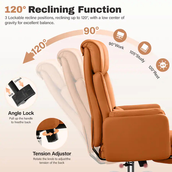 KERDOM - ERGONOMIC BIG OFFICE LEATHER CHAIR - CARAMEL