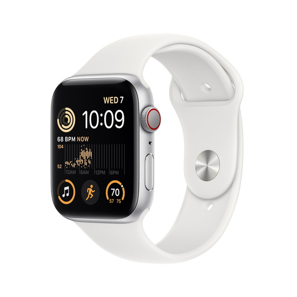Apple Watch SE 2nd Gen GPS + Cell 44mm Silver Aluminum Case White Band, M/L