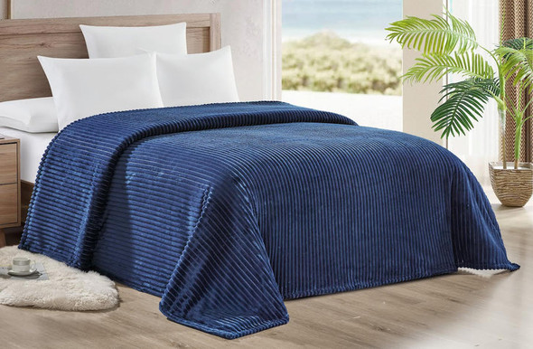 STRIATA RIBBED CORDUROY BLANKET – ULTRA-SOFT PLUSH BED BLANKET – KING 108 - NAVY New