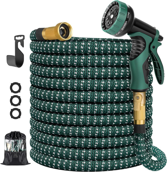 YUHARQ 50FT EXPANDABLE GARDEN HOSE WATER HOSE WITH 10 FUNCTION NOZZLE - GREEN