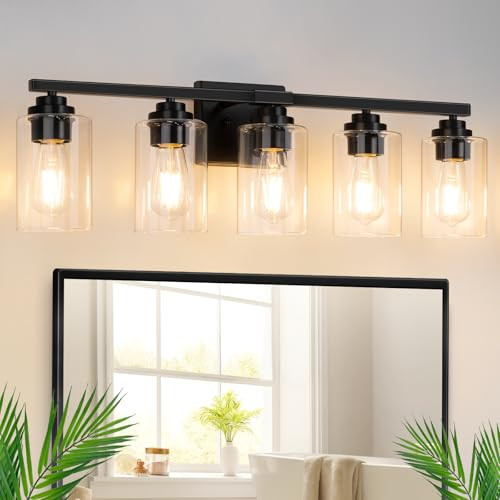 VERRON 5-LIGHT MATTE BLACK BATHROOM LIGHT FIXTURES, 31" MODERN VANITY LIGHTING