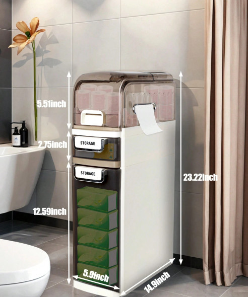 ANYASK 2-TIER SLIM BATHROOM STORAGE CABINET - WHITE/TRANSPARENT GRAY