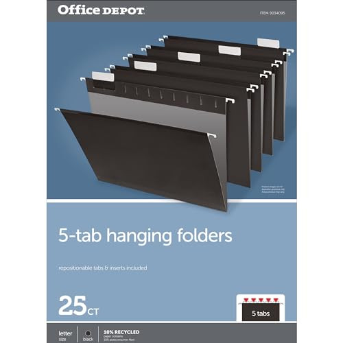 OFFICE DEPOT HANGING FILE FOLDERS 1/5-CUT LETTER SIZE PACK OF 25 FOLDERS BLACK New