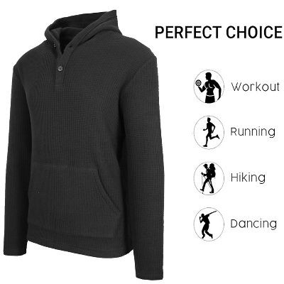 BLUE ICE MEN'S WAFFLE KNIT THERMAL HENLEY PULLOVER HOODIE - SIZE: MEN XL - BLACK New