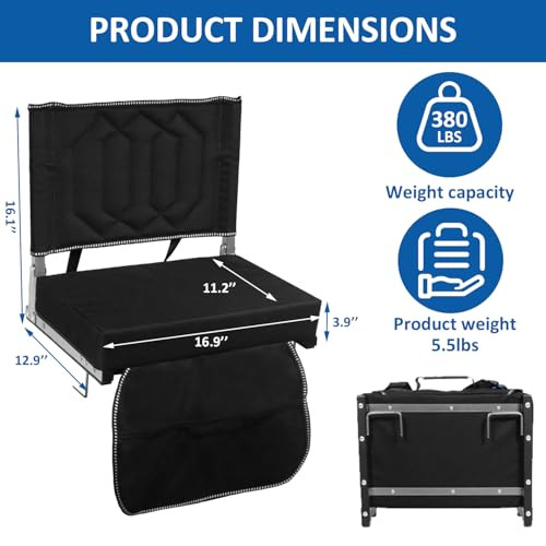 SAILARY PORTABLE FOLDING STADIUM CHAIR WITH BACK SUPPORT - BLACK