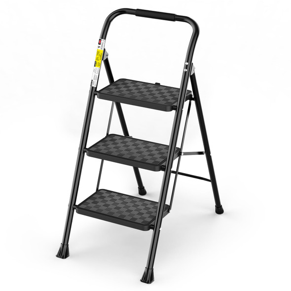HBTOWER 3 STEP LADDER, 3 STEP STOOL WITH CUSHIONED HANDLE STEP LADDER - BLACK