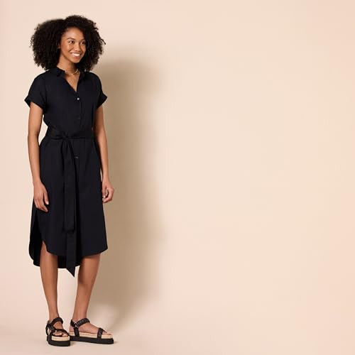 AMAZON ESSENTIALS WOMEN'S RELAXED FIT BUTTON FRONT BELTED SHIRT DRESS M - BLACK New