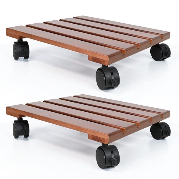 ALLADINBOX Plant Caddy 2 Set 12" Wooden Heavy Duty Plant Stand Lockable Wheels