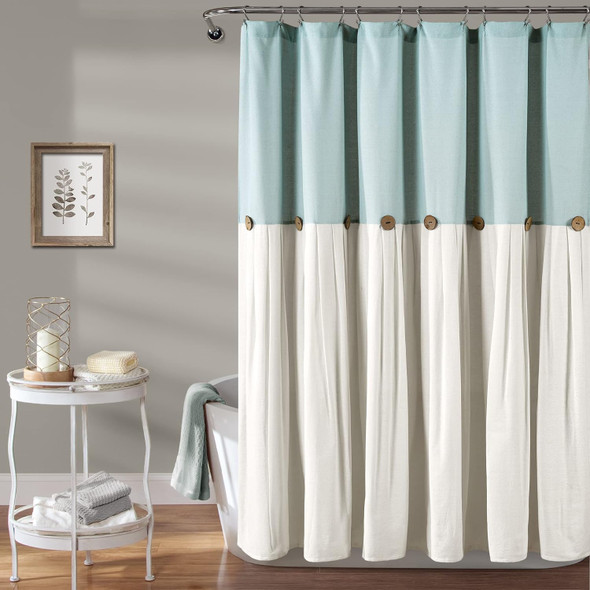LUSH DECOR SHOWER CURTAIN, COCONUT BUTTON DETAIL (72” X 72”) - BLUE/OFF WHITE