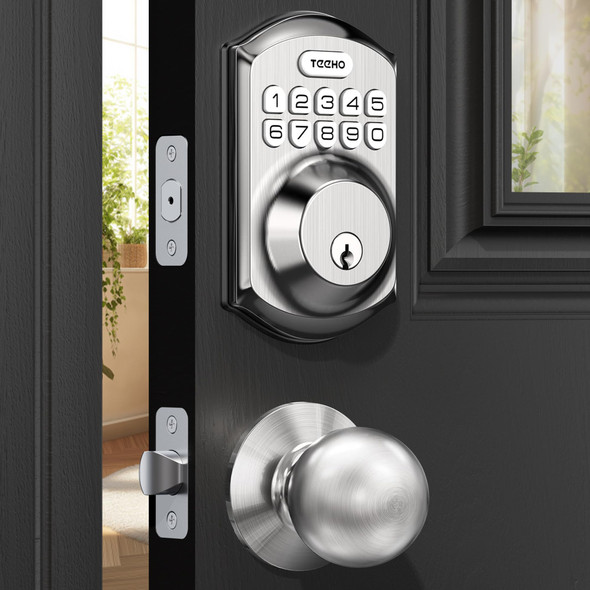 TEEHO TE001K Keyless Entry Lock with Handle, Smart Auto-Locking - Satin Nickel