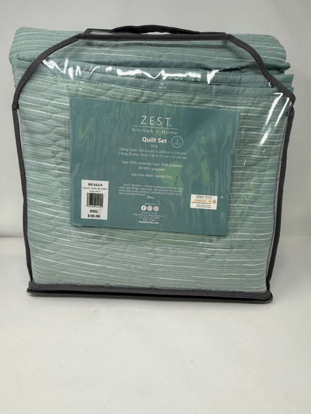 ZEST KITCHEN + HOME QUILT SET KING, TEXTURED PARALLEL STITCHING - SEAFOAM GREEN