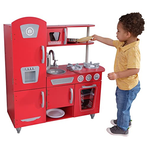 KidKraft Red Vintage Wooden Play Kitchen Stainless Steel-Look Trim Play Phone