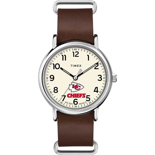 TIMEX MEN'S NFL WEEKENDER 40MM QUARTZ WATCH WITH LEATHER STRAP -WHITE/RED/BROWN New