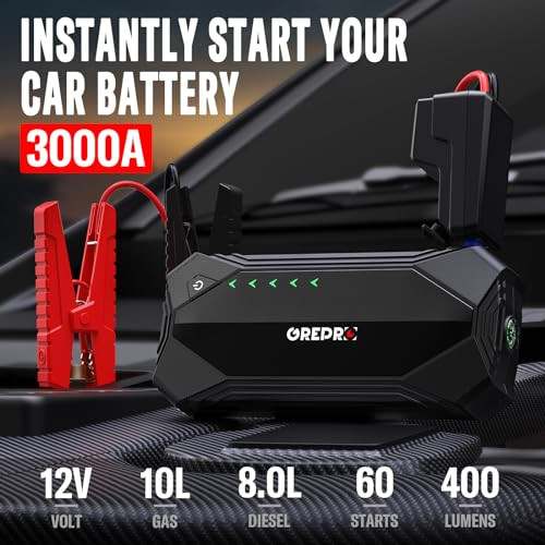 GREPRO JUMP STARTER 10L GAS & 8.0L DIESEL 3000A BATTERY JUMP STARTER - BLACK
