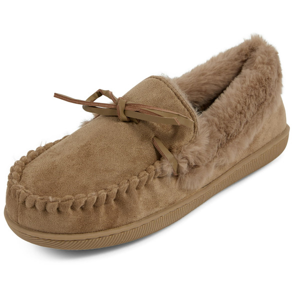 FLOOPI WOMEN’S MICROSUEDE MOCCASIN SLIPPER - SIZE: WOMEN M - TAUPE New