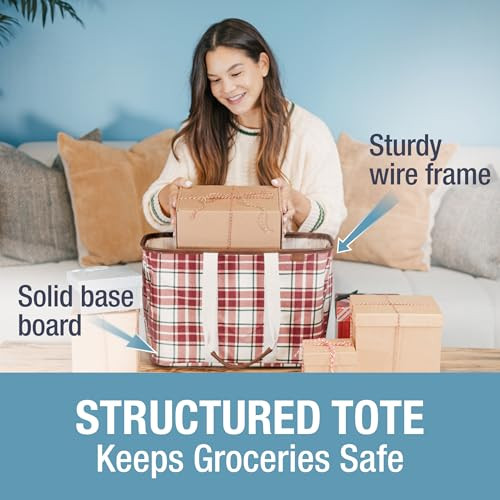 CLEVERMADE COLLAPSIBLE LUXE TOTE - REUSABLE GROCERY TOTE RED CHECKER New