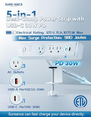 SUREANCE 50W DESK CLAMP POWER STRIP USB-C 30W PD SUREANCE DESKTOP MOUNT - WHITE