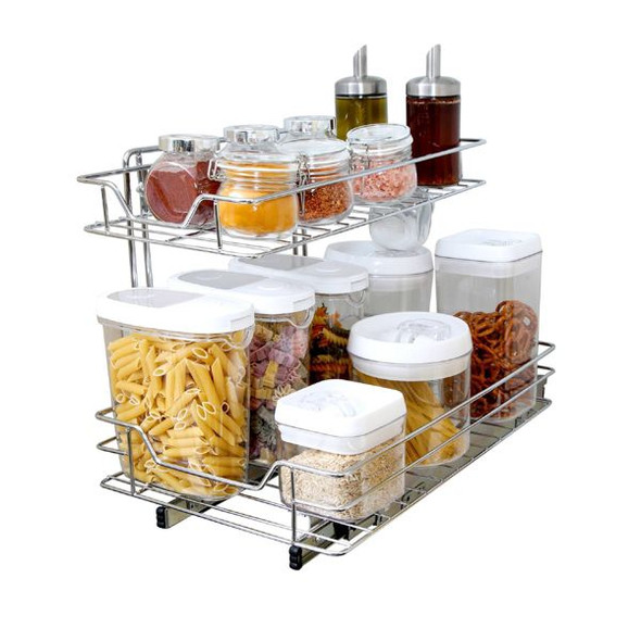 SMART DESIGN MEDIUM STEEL 2-TIER PULL OUT CABINET SHELF - CHROME, SILVER FINISH