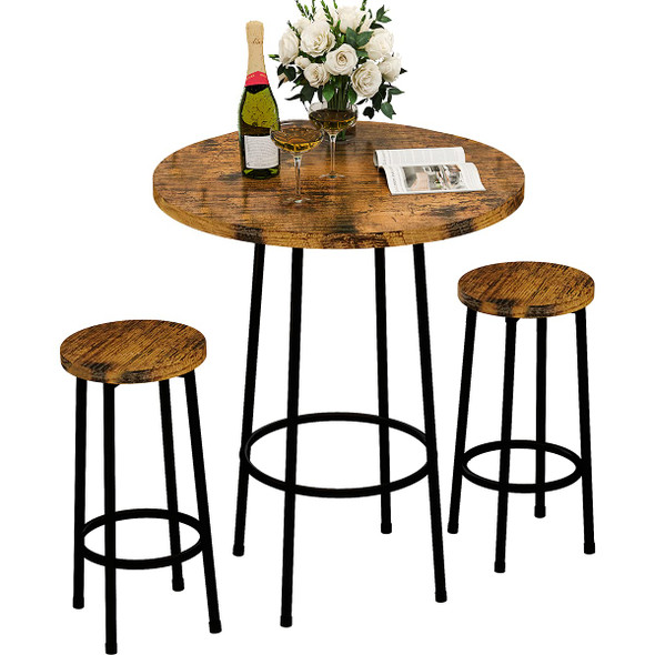 Recaceik 3 Piece Pub Dining Set, Modern Round Bar Table, Stools (RUSTIC BROWN)