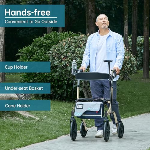 ELENKER ALL-TERRAIN ROLLATOR WALKER WITH SEAT OUTDOOR ROLLING WALKER - CHAMPAGNE