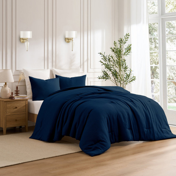 KATHY IRELAND WAFFLE DOWN ALTERNATIVE COMFORTER SET, KING 3 PIECE SET - NAVY
