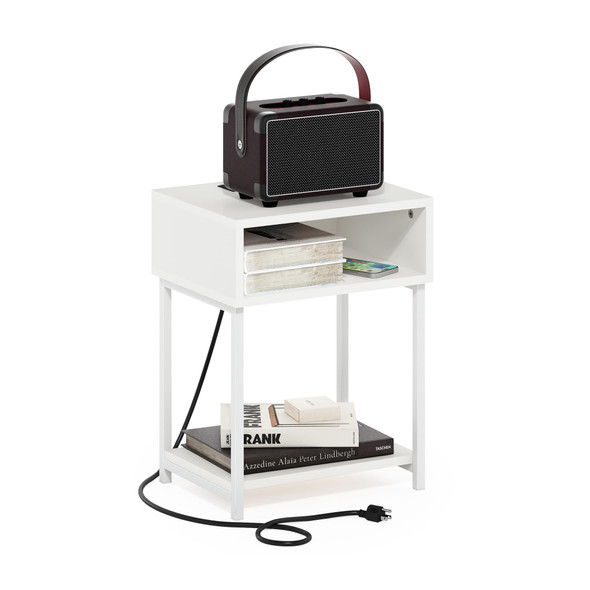 FURINNO MORETTI SIDE TABLE, 3-TIER END TABLE, METAL FRAME NIGHT STAND - WHITE