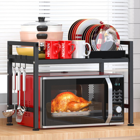 PUSDON EXTENDABLE MICROWAVE OVEN RACK ORGANIZER, 2 TIER WITH 3 HOOKS - BLACK