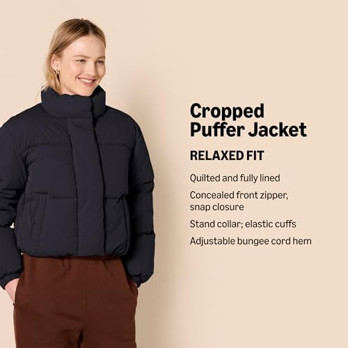 AMAZON ESSENTIALS CROPPED FULL-ZIP PUFFER JACKET, SIZE: WOMEN S - BLACK