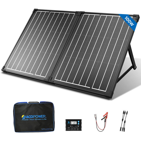 ACOPPOWER 100WATT 12 VOLT PORTABLE SOLAR PANEL WATERPROOF 20A FOLDABLE BLACK