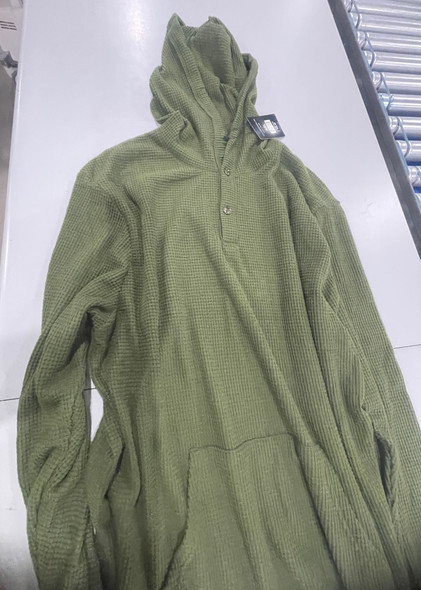 BLUE ICE MEN'S LOOSE FIT WAFFLE KNIT HENLEY PULLOVER HOODIE - SIZE: 3XL - OLIVE New