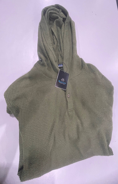BLUE ICE MEN'S LOOSE FIT WAFFLE KNIT HENLEY PULLOVER HOODIE - SIZE: 3XL - OLIVE New
